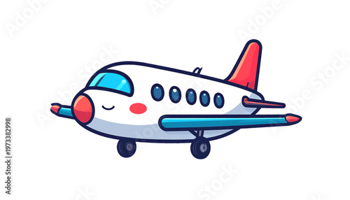Airplane with rounded body representing air travel transportation vehicle in simple flat illustration vector