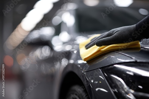 Car detailing service worker polishing luxury automobile body professional auto care garage concept