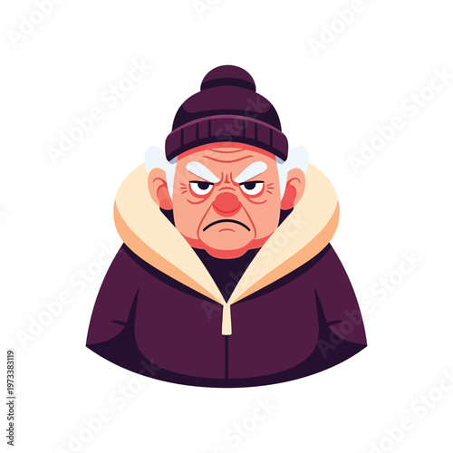 Cartoon illustration of an angry senior woman wearing a winter coat and beanie on a white background