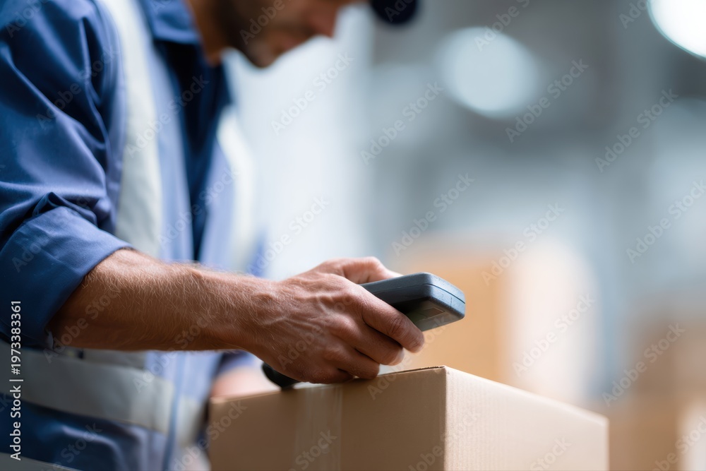 Obraz premium Warehouse worker scanning package barcode using handheld device for inventory tracking
