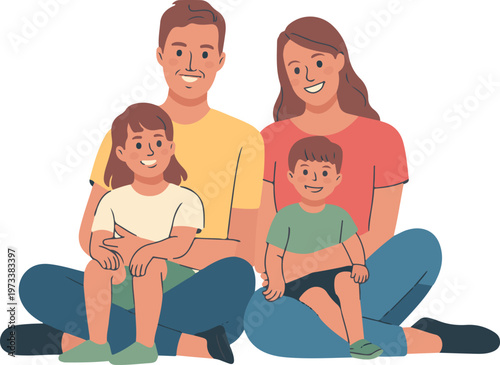 Happy family of four posing for a picture, parents and two children, seated, smiling, diverse.