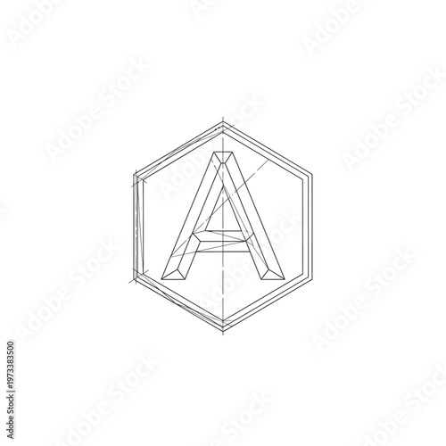 Wireframe Hexagonal Letter A Logo with Architectural Structure Outline on Isolated White Background