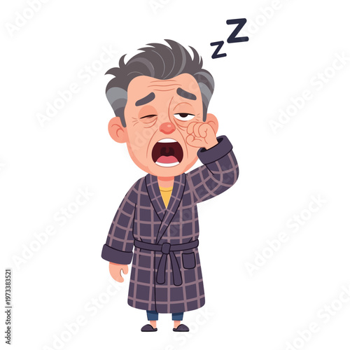 Cartoon illustration of a tired old man yawning in a bathrobe with a white background