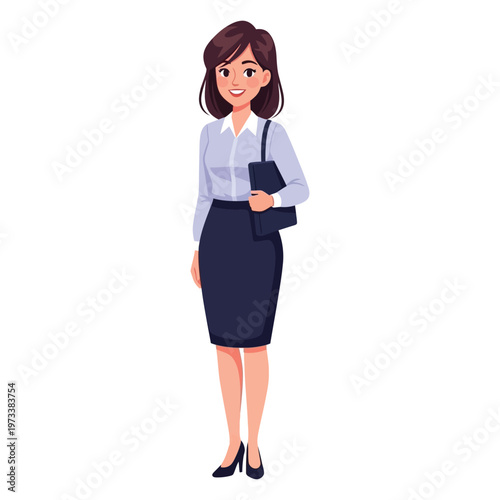 Cartoon illustration of a smiling businesswoman holding a folder in a professional outfit.