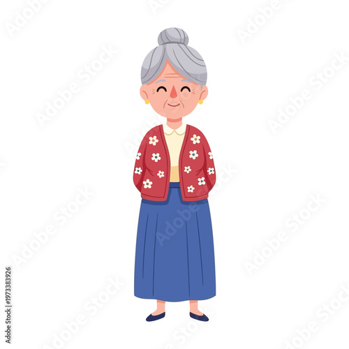 Full-body illustration of a smiling elderly woman wearing a red floral cardigan and blue skirt on a white background