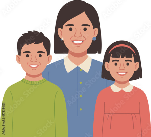 Mom with her two kids, a boy and girl, posing for a photo in a friendly illustration on transparent background.