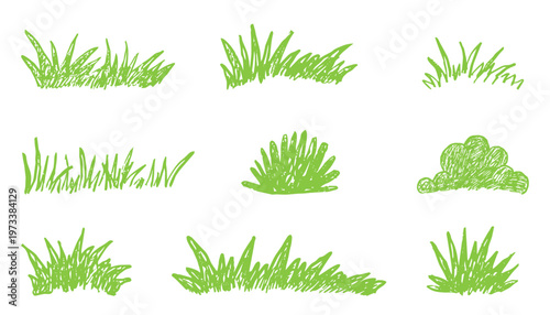 Green lawn grass with crayon, pastel or chalk texture childlike drawing. Pencil sketched scribble set foliage elements