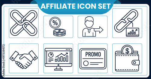 Affiliate icon set marketing finance and partnership visualsAffiliate icon set marketing finance and partnership visuals