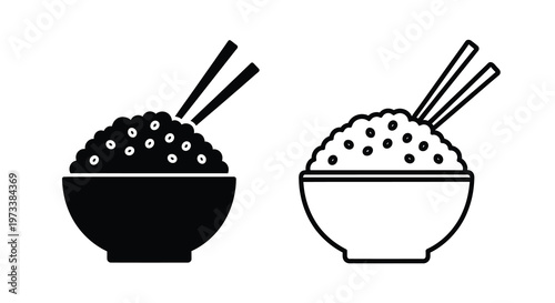 Two bowls of rice with chopsticks depicted in a stark graphic silhouette