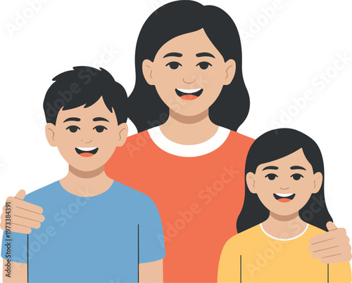 Mother with son and daughter smiling happily together in a flat illustration style on transparent background.