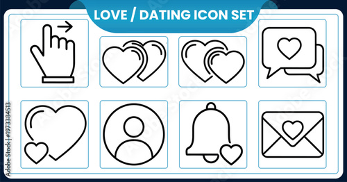 Love and dating icon set hand hearts bell and envelope symbolsLove and dating icon set hand hearts bell and envelope symbols