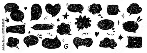 Crayon Speech Bubbles comic scribble talk balloon in sketch style, grunge texture pencil naive doodle conversation message icon