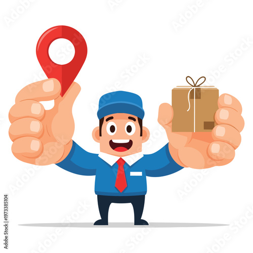 Friendly delivery man proudly presents a red location pin and a brown parcel, representing efficient logistics and tracking service vector illustration.