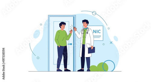 Doctor greets patient at clinic door, friendly medical consultation, healthcare concept
