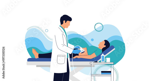 Doctor performing ultrasound on patient lying on examination bed, medical checkup