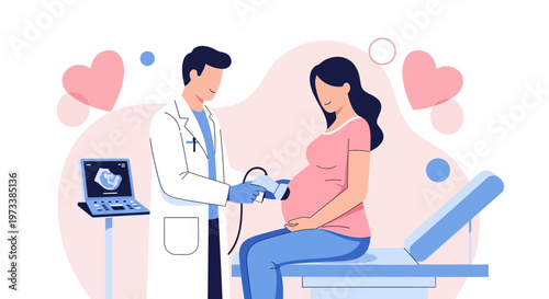 Doctor performs ultrasound on pregnant woman, showing baby on screen, hearts and medical equipment