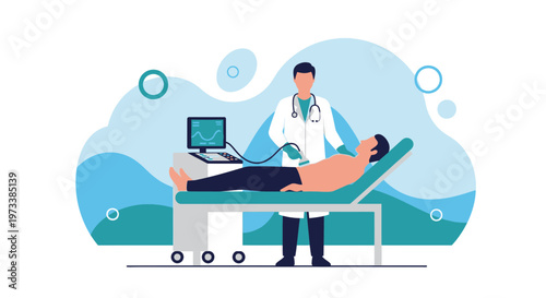 Doctor performing ultrasound scan on patient lying on examination table, medical technology concept