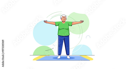 Elderly man exercising, stretching arms outdoors, healthy lifestyle, active senior