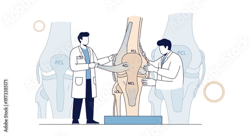 Doctors examining knee joint anatomy model, orthopedic consultation, medical education