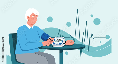 Elderly man checks blood pressure with digital monitor, heart rate graph background