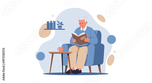 Elderly man reading a book in a comfortable armchair at home, enjoying leisure time