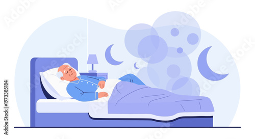 Elderly man sleeping peacefully in bed, dreaming of the moon and stars