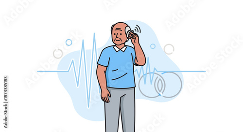 Elderly Man Using Hearing Aid, Sound Waves and Abstract Shapes Background
