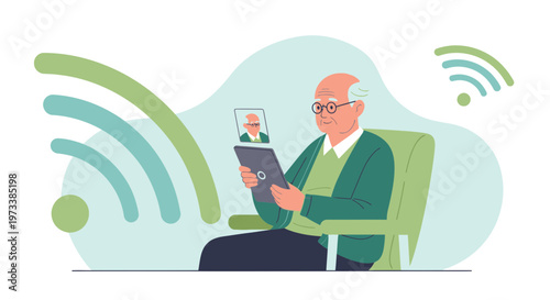 Elderly man video calling on tablet, connected via Wi-Fi, enjoying digital communication