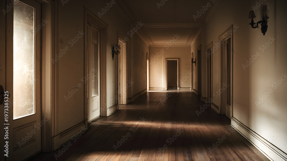 Fototapeta premium Elegant Hallway: A stately hallway bathed in soft light, showcasing architectural beauty with symmetry, leading the eye toward the inviting interior.