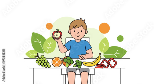 Happy boy eating healthy food, fruits and vegetables on table, illustration