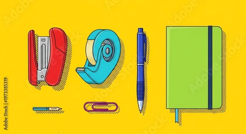 Stationery and Office Supplies Arrangement with Notebook and Writing Tools.
