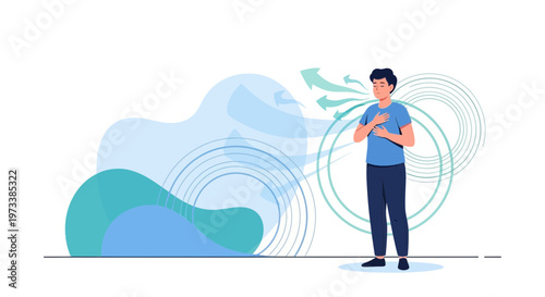 Man breathing deeply, chest expansion, calm mind, stress relief, healthy lungs, fresh air concept