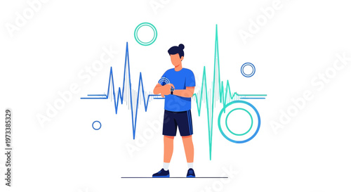 Man checking smartwatch with heart rate monitor and sound waves graphic