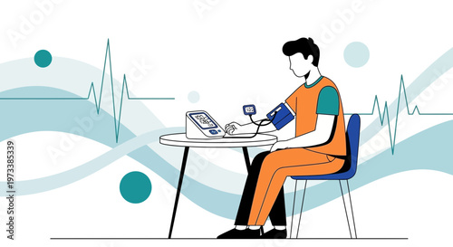 Man checks blood pressure at home with digital monitor, health checkup concept