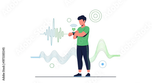 Man checking fitness tracker smartwatch with health data graphs and sound waves
