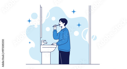 Man brushing teeth in bathroom, morning routine, dental hygiene, clean and fresh