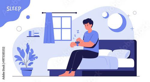 Man checking smartwatch on bed, sleep tracking, healthy lifestyle, bedroom at night