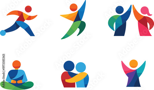 abstract, human, figures, geometric, design, vibrant, colors, dynamic, poses, dancing, running, 