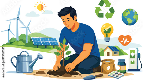 Environmental sustainability, eco-friendly living, renewable energy, tree planting, solar panels, wind turbines, recycling, green energy, healthy planet, sustainable lifestyle illustration