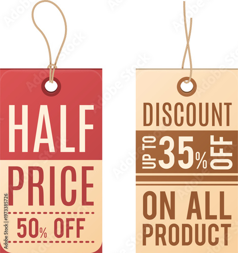 Promotional sale tags advertising significant discounts on products