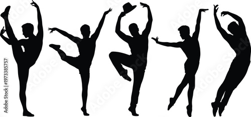 Dynamic silhouettes of male dancers performing expressive contemporary and hip hop moves isolated on white background, energy motion artistic performance concept