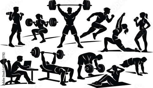 Silhouette fitness workout, strength training, exercise routine, gym activity, bodybuilding, stretching, running, push-ups, sit-ups, deadlift, barbell press, lifestyle