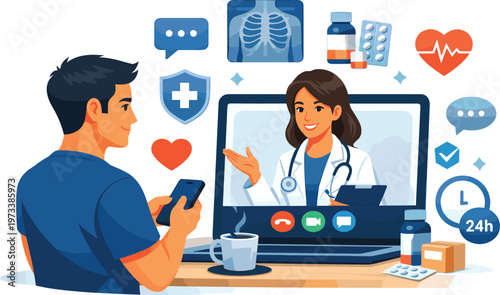 Telemedicine consultation, online healthcare, digital doctor, remote medical service, smartphone communication, laptop consultation, modern medicine, patient care, health technology illustration