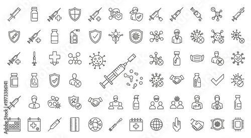 Collection of vaccine and medical icons representing healthcare and immunization.