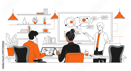 Business team meeting in minimalist orange and black line art for corporate branding