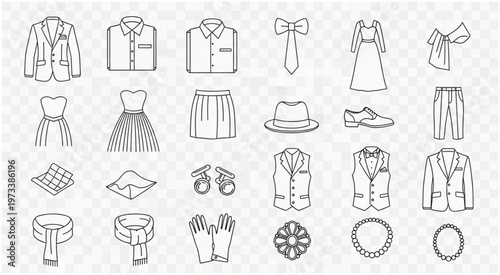 Collection of various clothing items and accessories, fashion design elements.