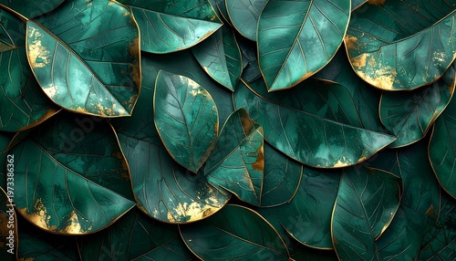 A layered composition of stylized leaves, primarily emerald green, featuring a lustrous, gilded effect on their edges and some surfaces