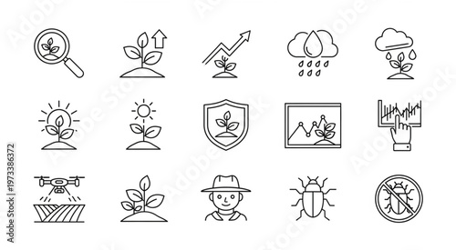 Collection of agriculture and farming related line art icons for design.