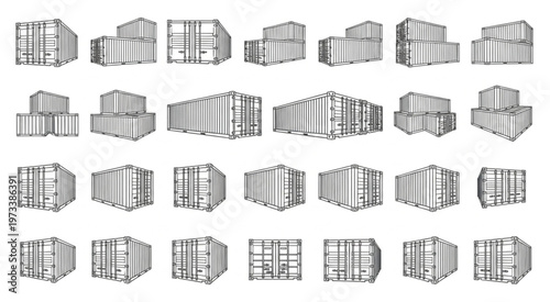 Multiple shipping containers in various perspectives, showcasing industrial transport and logistics.