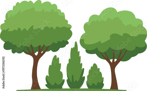 Two large trees and three medium bushes arranged symmetrically on a transparent background.